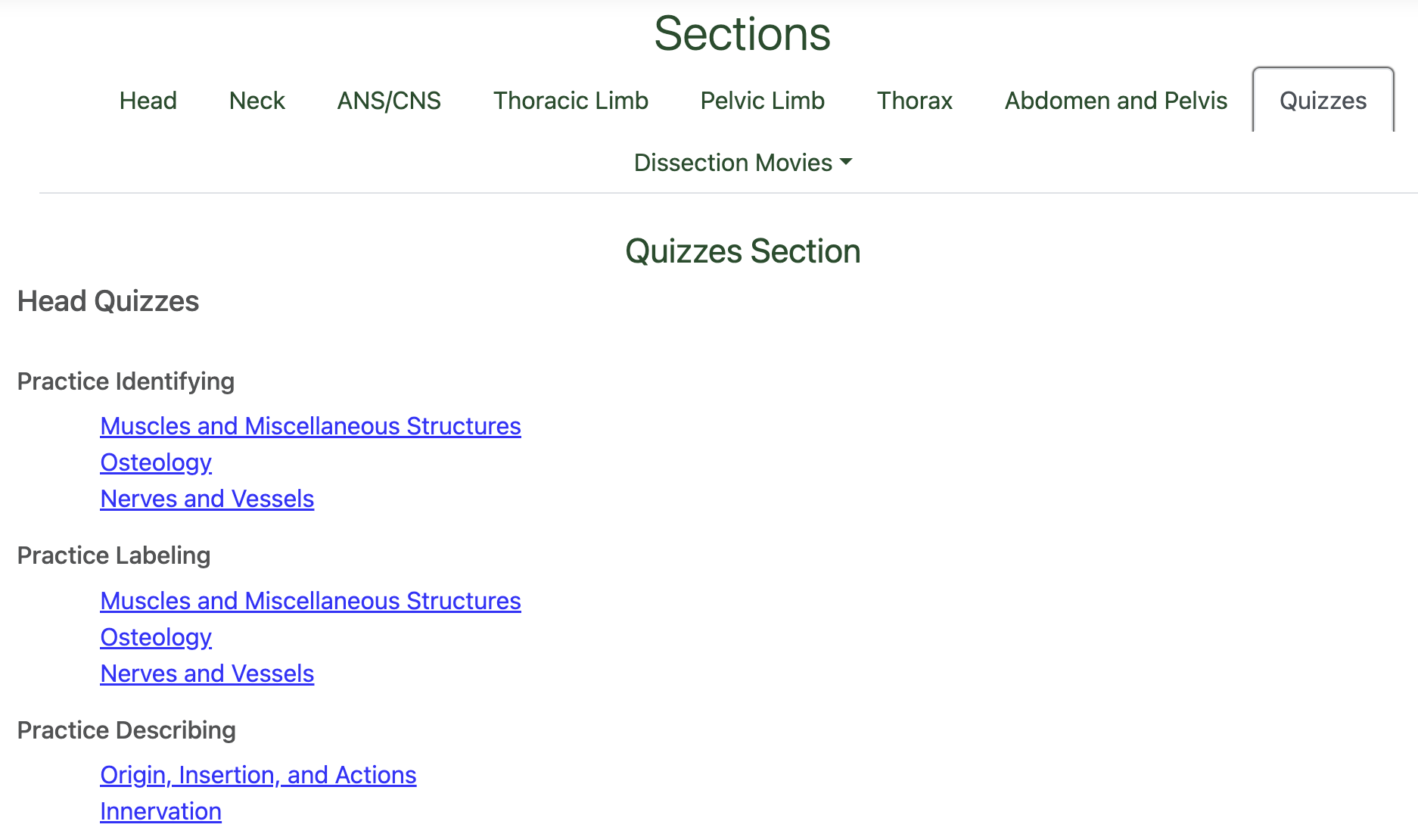 VCA quiz options page showing quiz categories organized by anatomical region