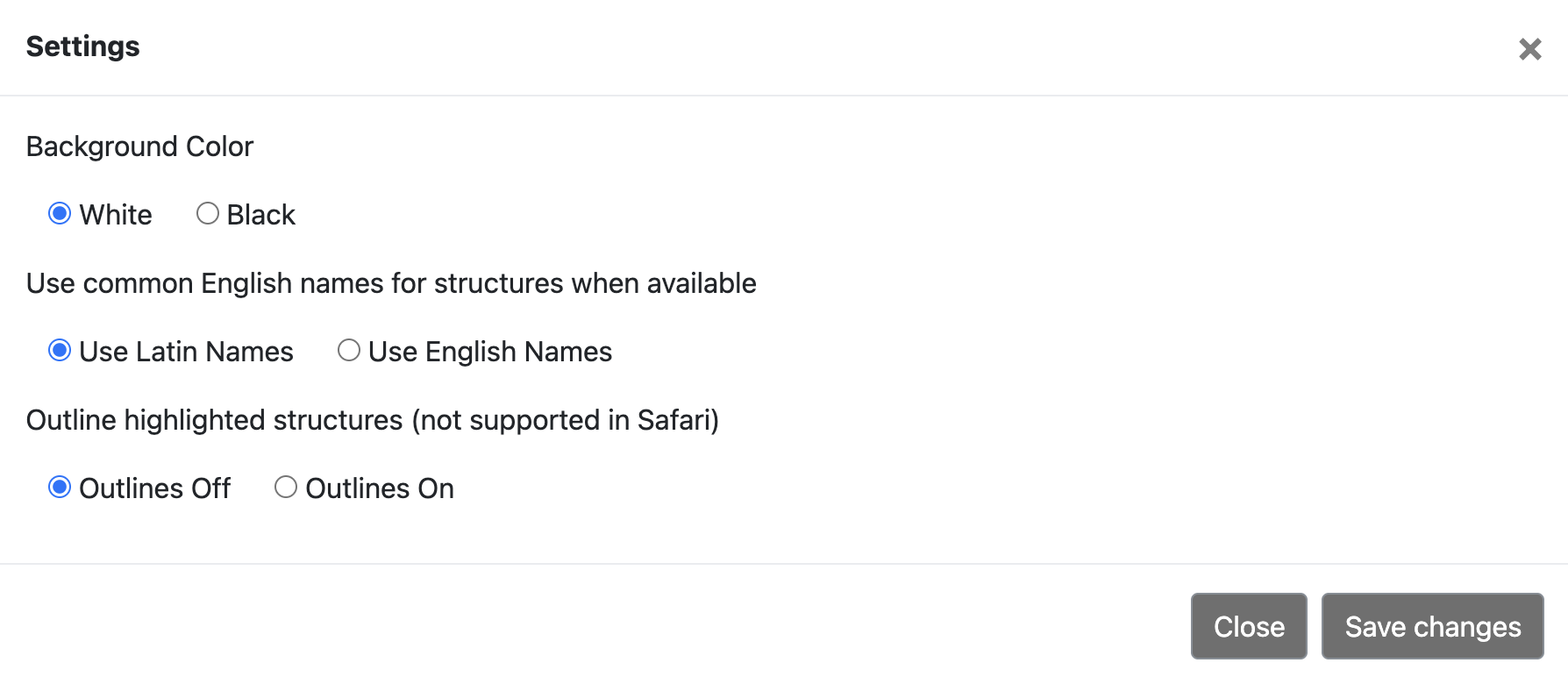 Settings panel showing background color, structure naming, and outline options